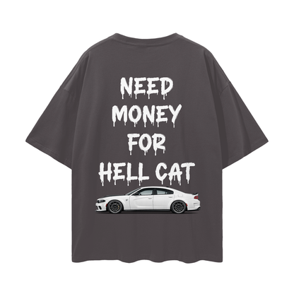 NEED MONEY FOR HELL CAT Streetwear Loose Drop Shoulder T-Shirt