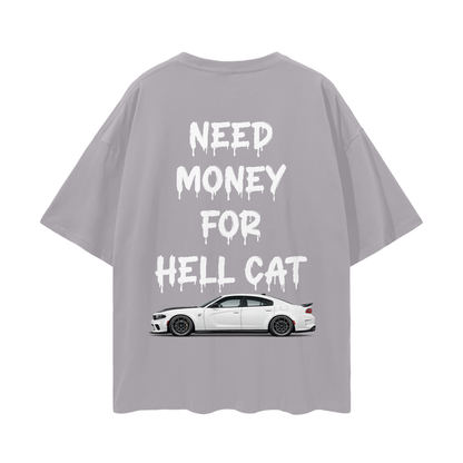 NEED MONEY FOR HELL CAT Streetwear Loose Drop Shoulder T-Shirt