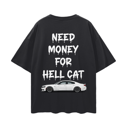 NEED MONEY FOR HELL CAT Streetwear Loose Drop Shoulder T-Shirt